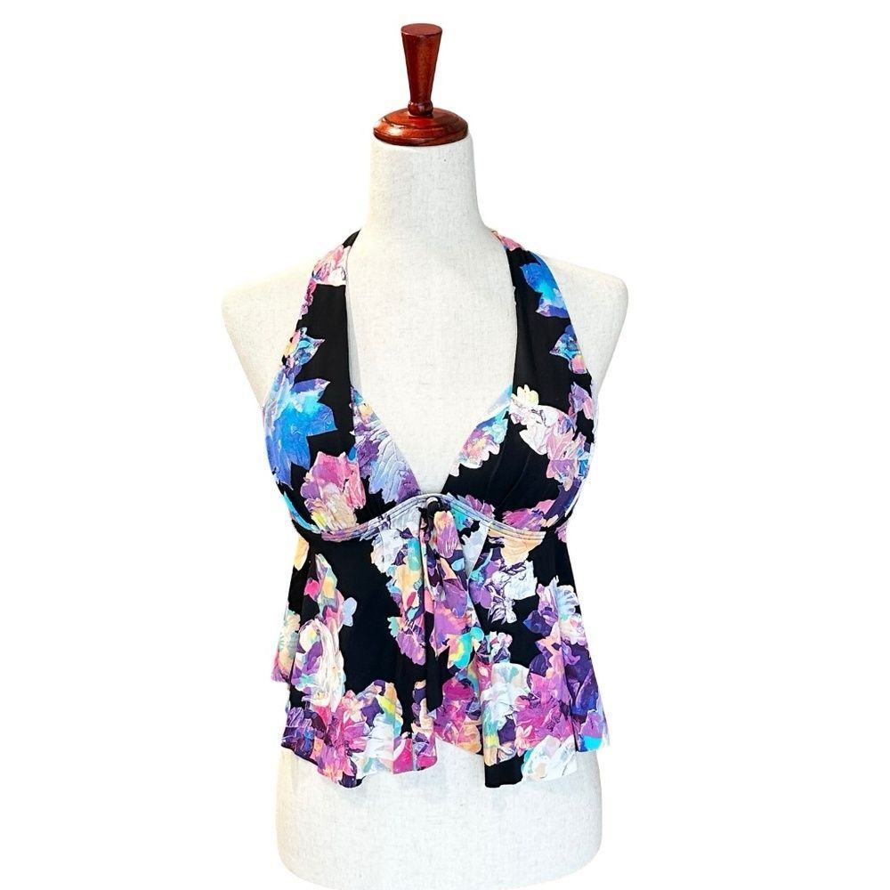 Bar III Floral Tankini Swim Top Halter Style - Flutter Size Med